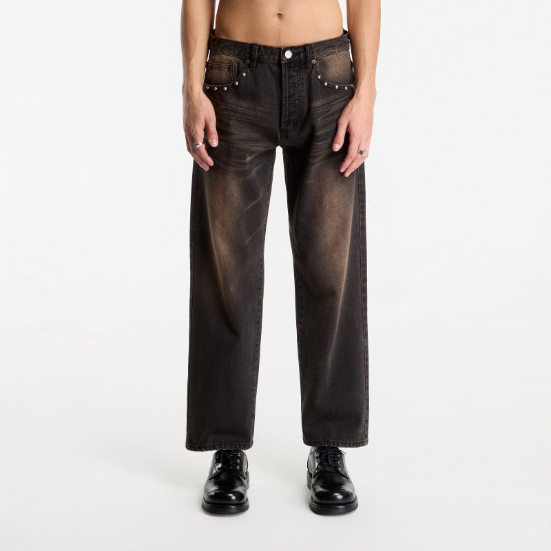 Jeansy Obey Studded Boxcar Straight Leg Denim Black Rust Wash