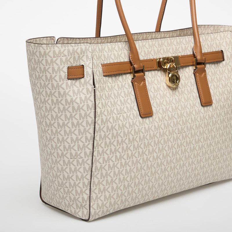 Michael Kors Hamilton Moderne Large Signature Logo Tote Bag Vanilla/ Acorn