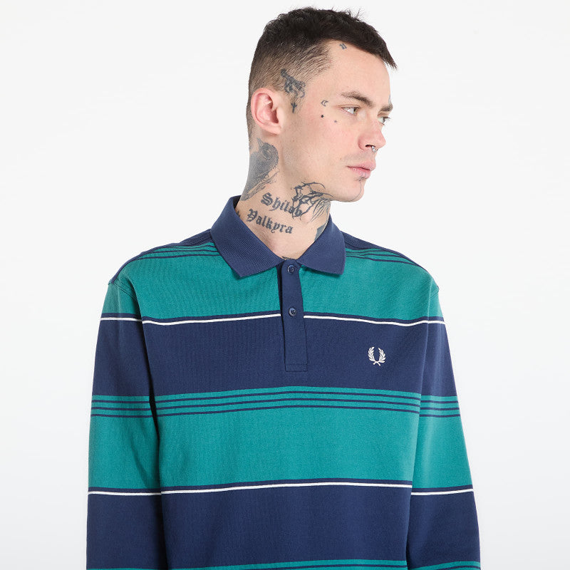FRED PERRY Heavyweight Striped Polo Shirt Tennis Blue