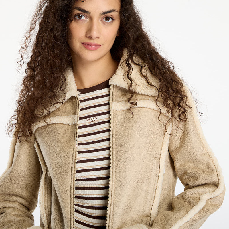 Guess Jeans Faux Shearling Jacket Beige