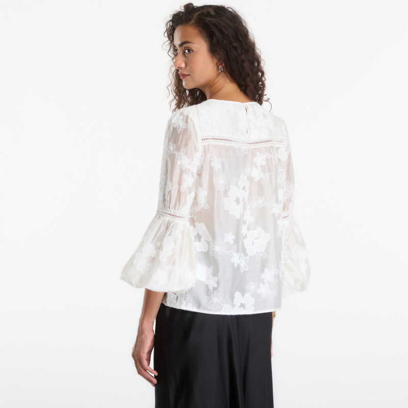Guess Jeans Ls Brigitte Embro Top Cream White